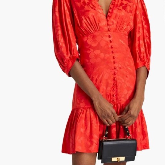 Sandro Azelie Red Floral Jacquard Silk Blend Dress Cropped Puff Sleeves V-Neck 0 - Picture 8 of 12